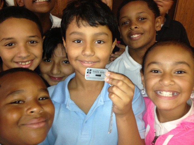 Students from Waterbury's Chase Elementary School with the Travel Bug Waterbury