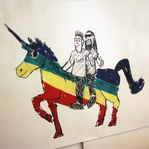 "Phil and Gary on a unicorn, please" 