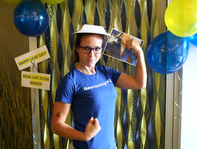 Geocacher Ponystream poses with the traditional Leap Day garb.