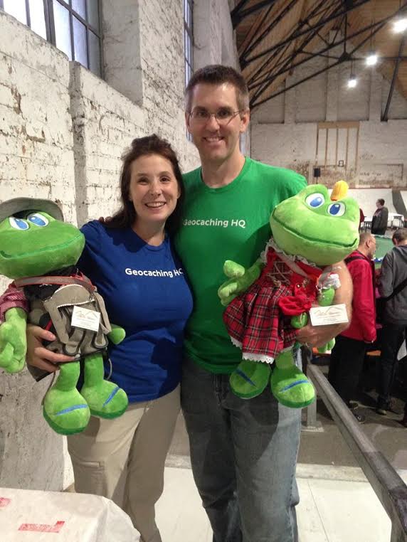 Jayme, Ben, and Signal the Frog at a Geocaching Event