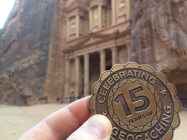 15 Years of Geocaching trackable geocoin at Petra