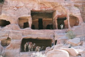 Caves with camels and a donkey on the way to Petra