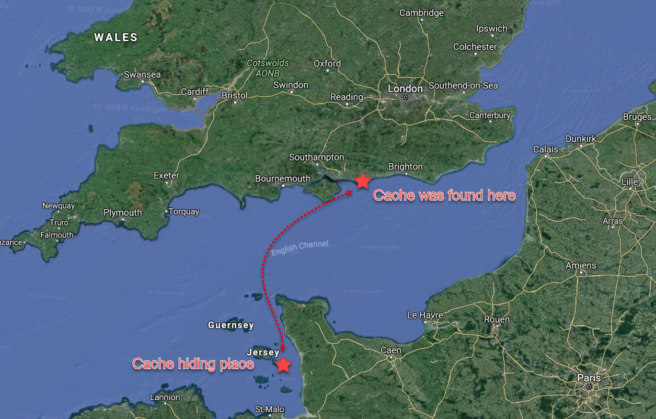 The cache crossed the English Channel from Jersey to Sussex, UK