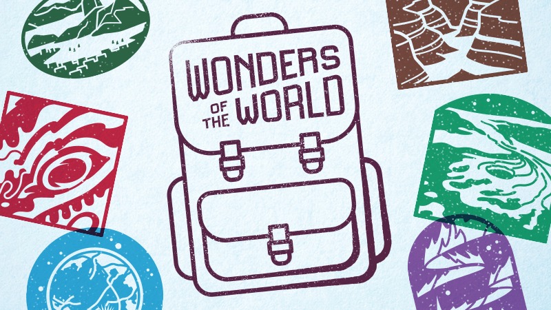 Passport stamps surrounding an illustration of a backpack that says Wonders of the World.