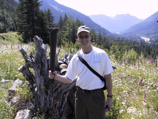 HQ Lackey Jon (Moun10Bike) with movie prop at placement of Washington A.P.E. cache in 2001.