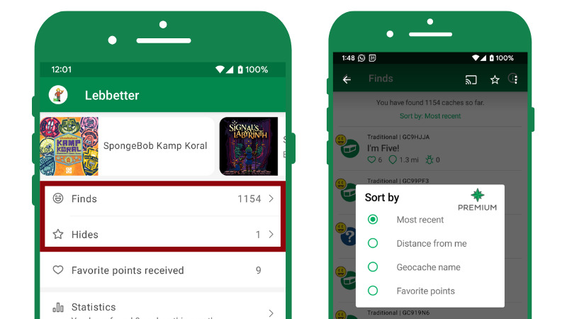 Smartphone screenshots showing where to access the list of finds and hides.