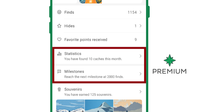 Screenshot highlighting Premium features on the new profile: Statistics and Milestones.