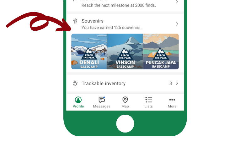 Screenshot of new profile with an arrow pointing to new souvenir view.