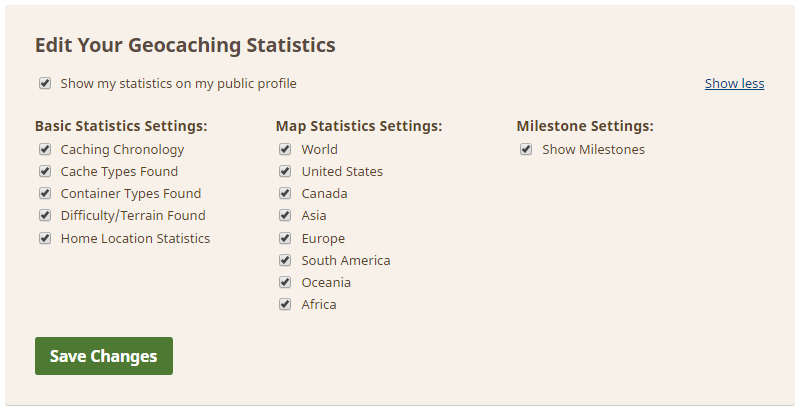 Show more Geocaching Statistics settings