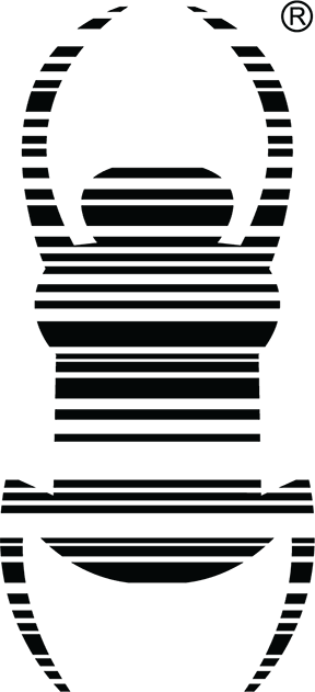 A scarab beetle graphic stylized to look like a barcode, with a registered trademark symbol in the top right corner.