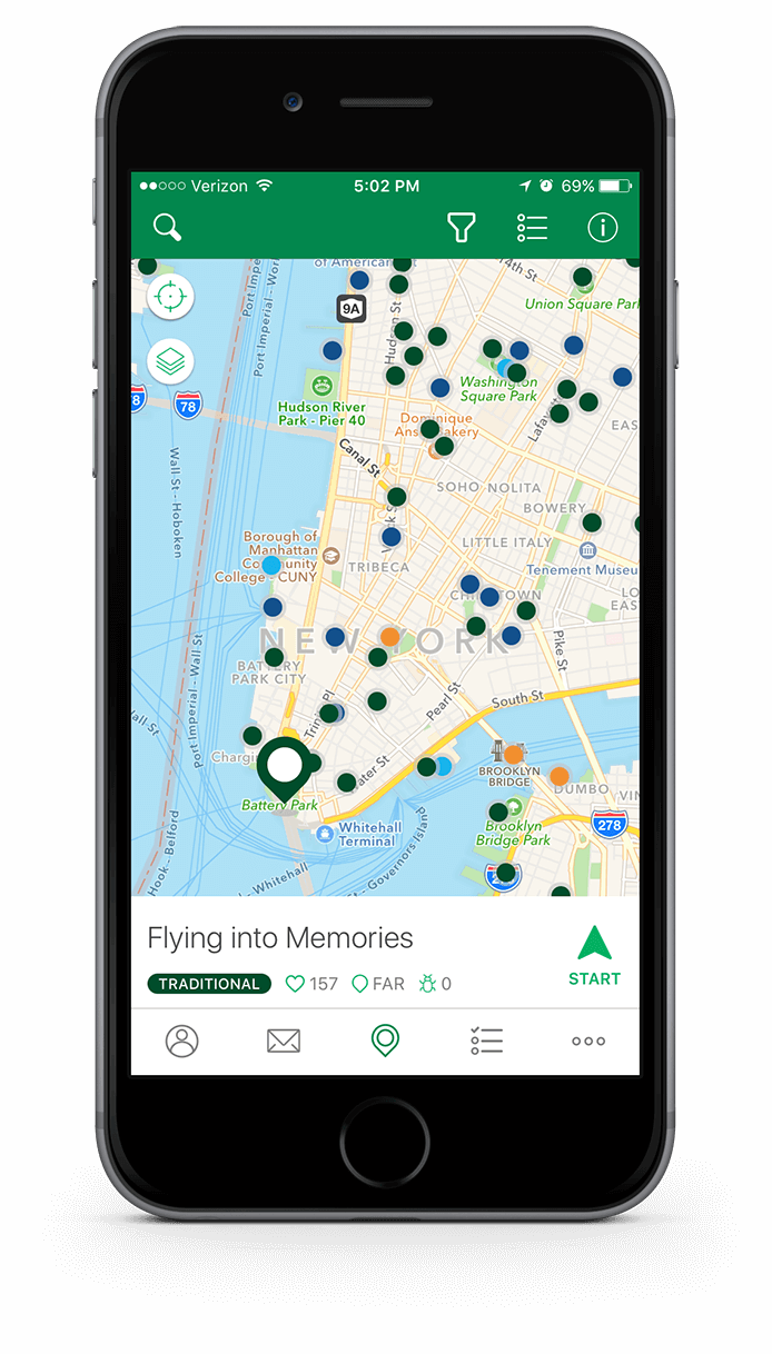 Map of geocaches on the Geocaching iPhone app